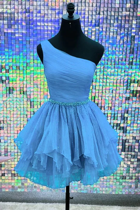 One-Shoulder Beaded Ruffle Homecoming Dress