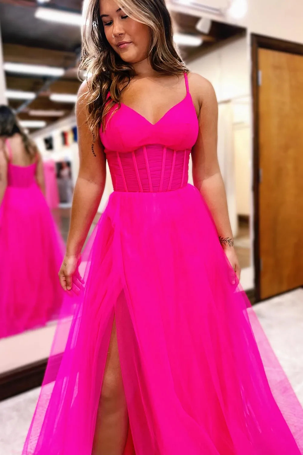 Hot Pink Spaghetti Straps A-Line Long Tulle Prom Dress with Slit