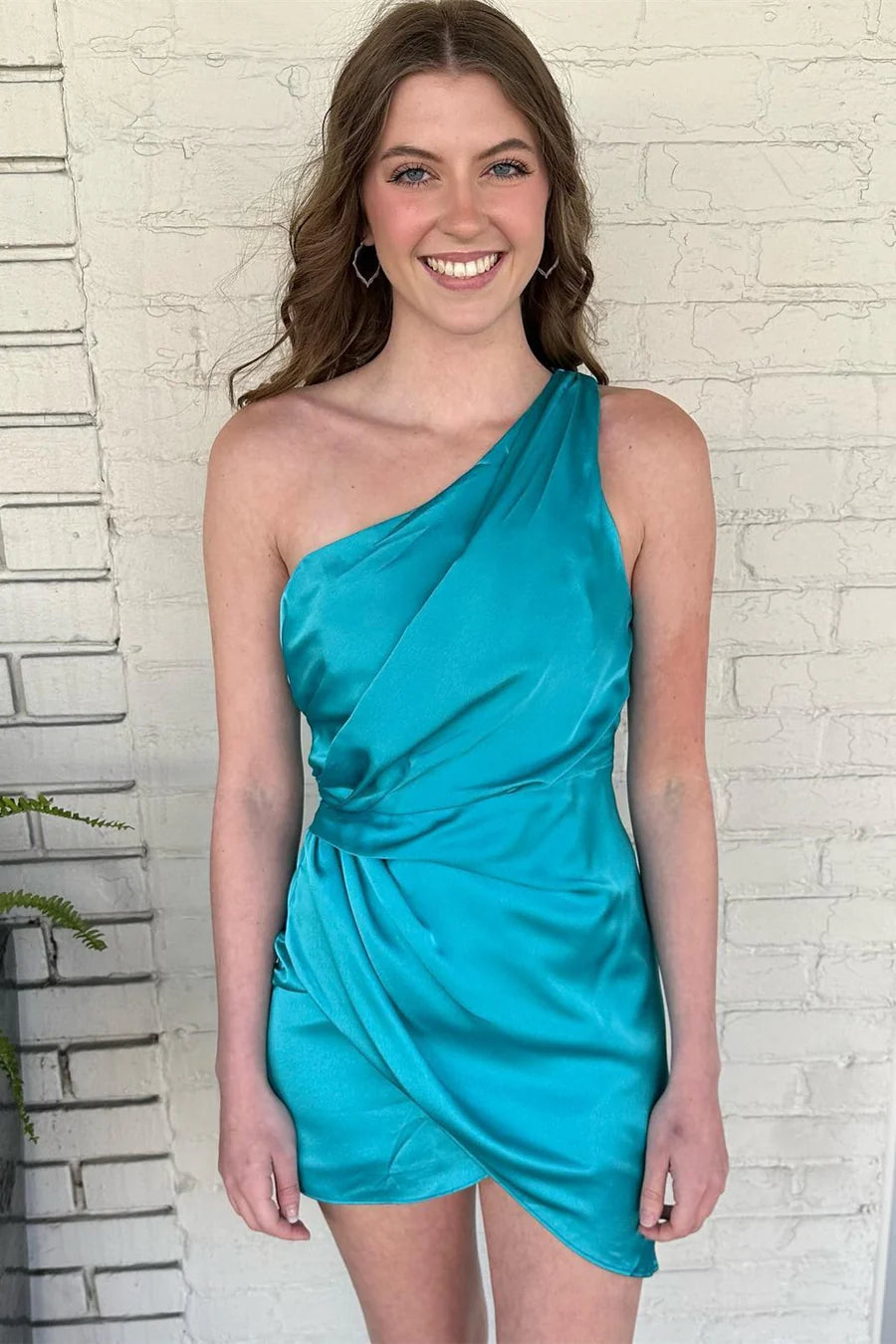 Faux-Wrap One Shoulder Satin Homecoming Dress