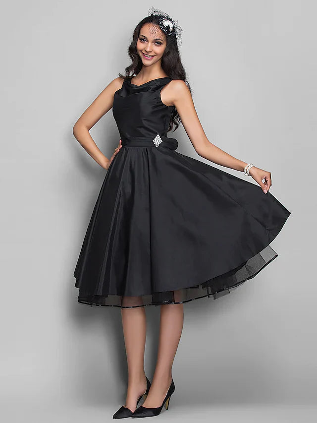 DingjiBall Gown Cocktail Party Prom Dress V Neck Sleeveless Knee Length Taffeta with Pleats Crystals