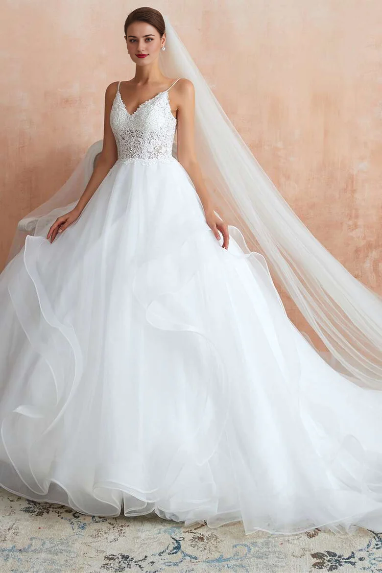 A-Line Layers Straps Lace-Up Back Wedding Dress