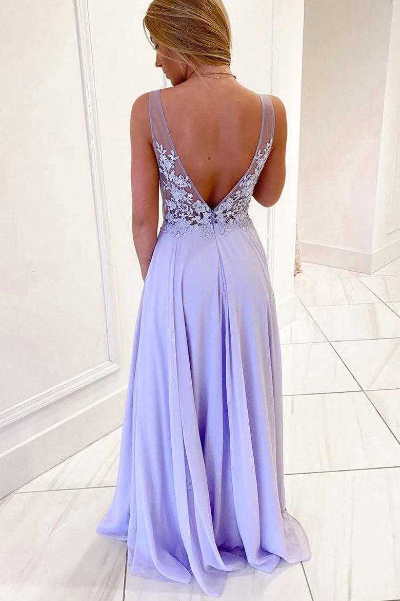 Lavender Chiffon A-line Long Formal Dress