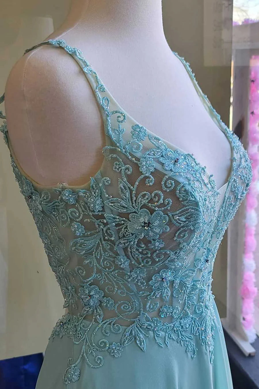 V Neck Embroidered Chiffon Long Formal Dress