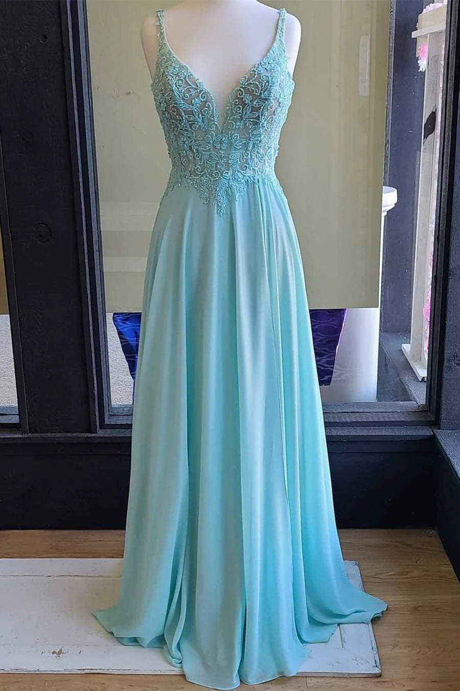 V Neck Embroidered Chiffon Long Formal Dress