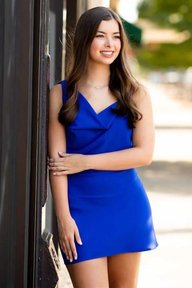 Royal Blue Neck Cowl Neck Bodycon Short Cocktail Dress