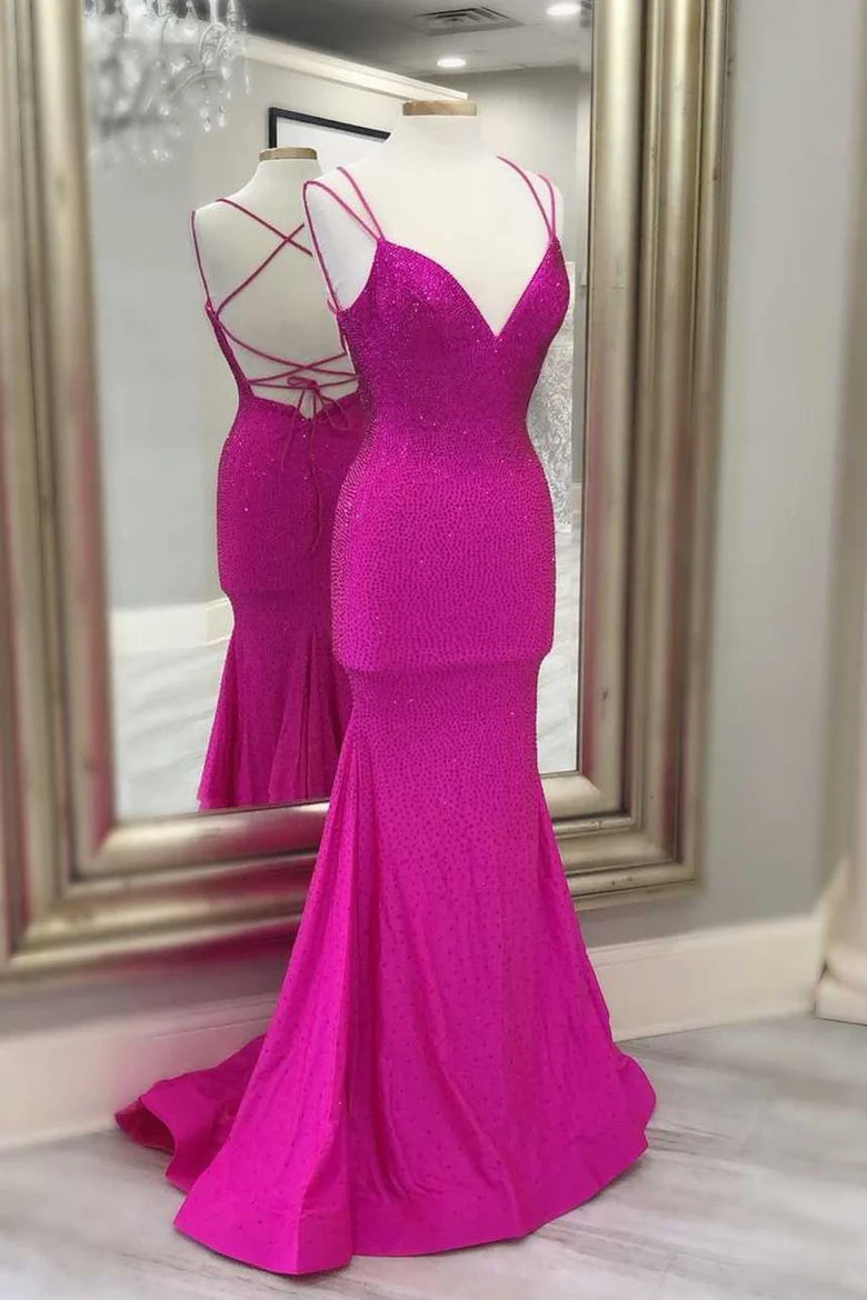 Hot Pink Beaded Mermaid Long Prom Dress