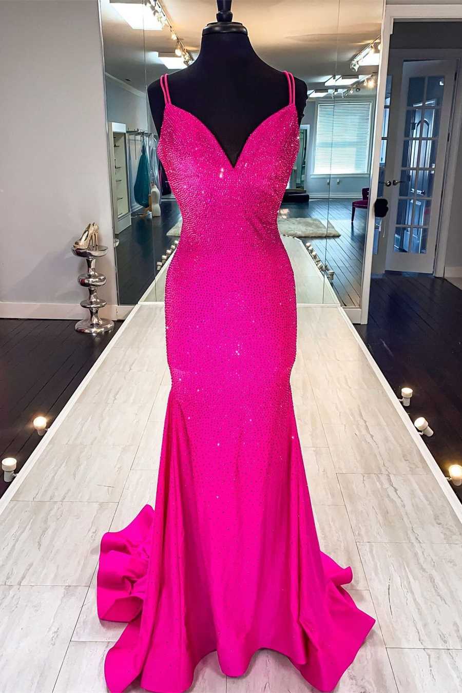 Hot Pink Beaded Mermaid Long Prom Dress