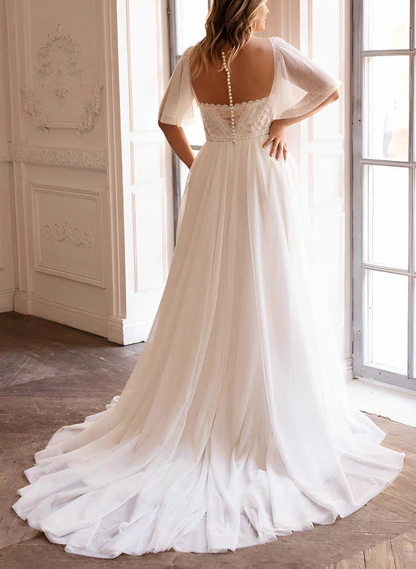 Plus Size Sweetheart Short Sleeves Sweep Train Chiffon Wedding Dresses