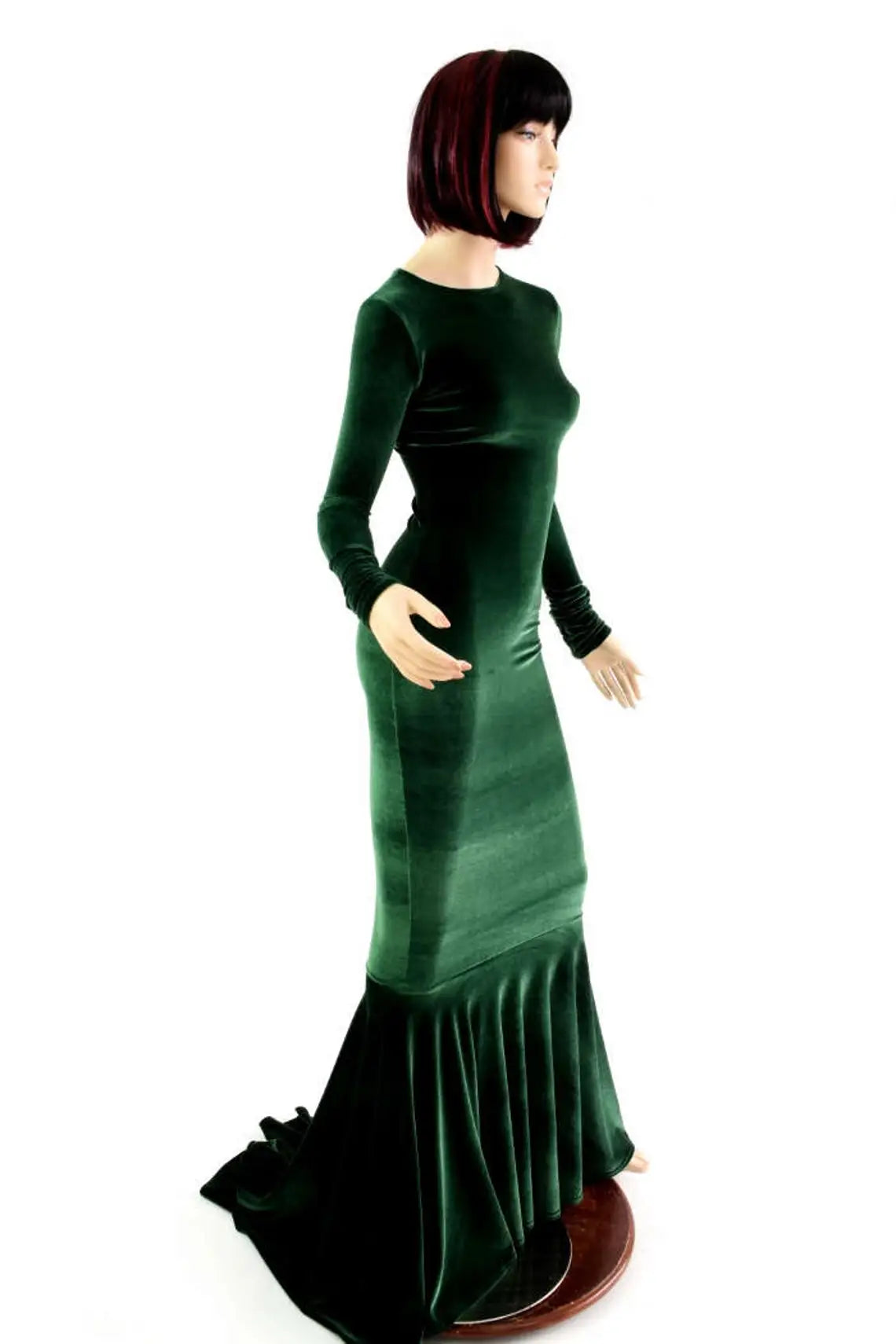 Bewitching Long Forest Green Velvet Gown with Crew Neckline Long Sleeves and Puddle Train