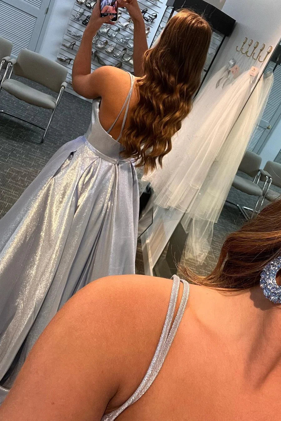 A-line Silver Straps Long Prom Dress with