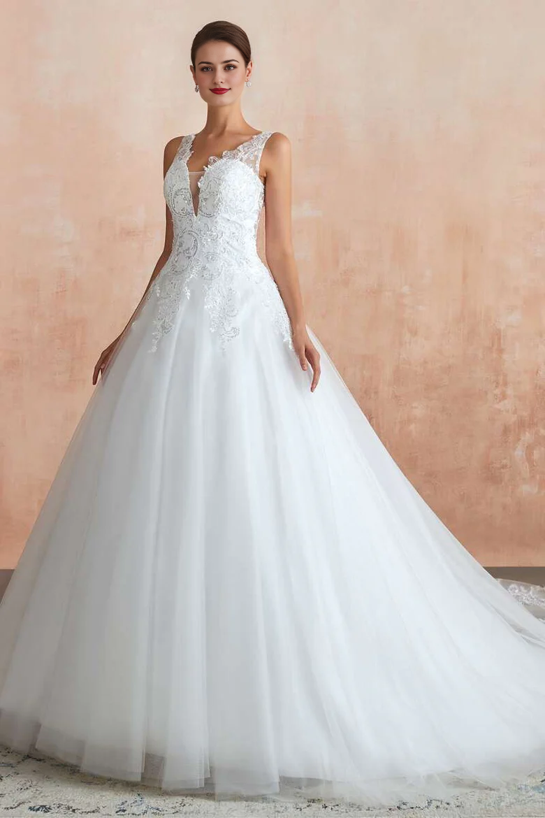 Lace A-Line V-Neck Wedding Dress with Sheer Back