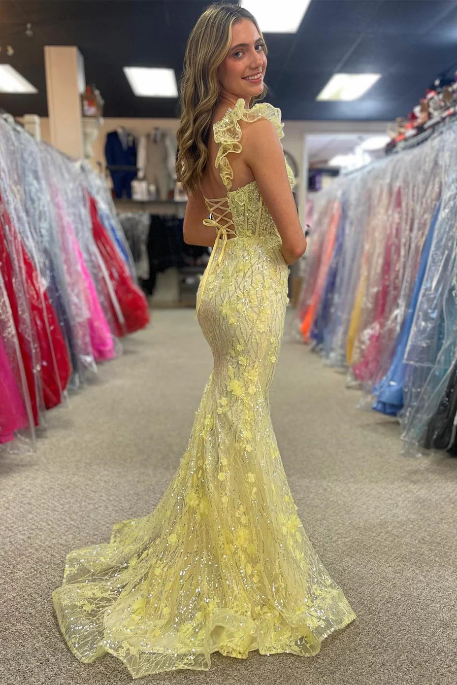Appliques Sweetheart Flutter Sleeve Mermaid Long Prom Dress