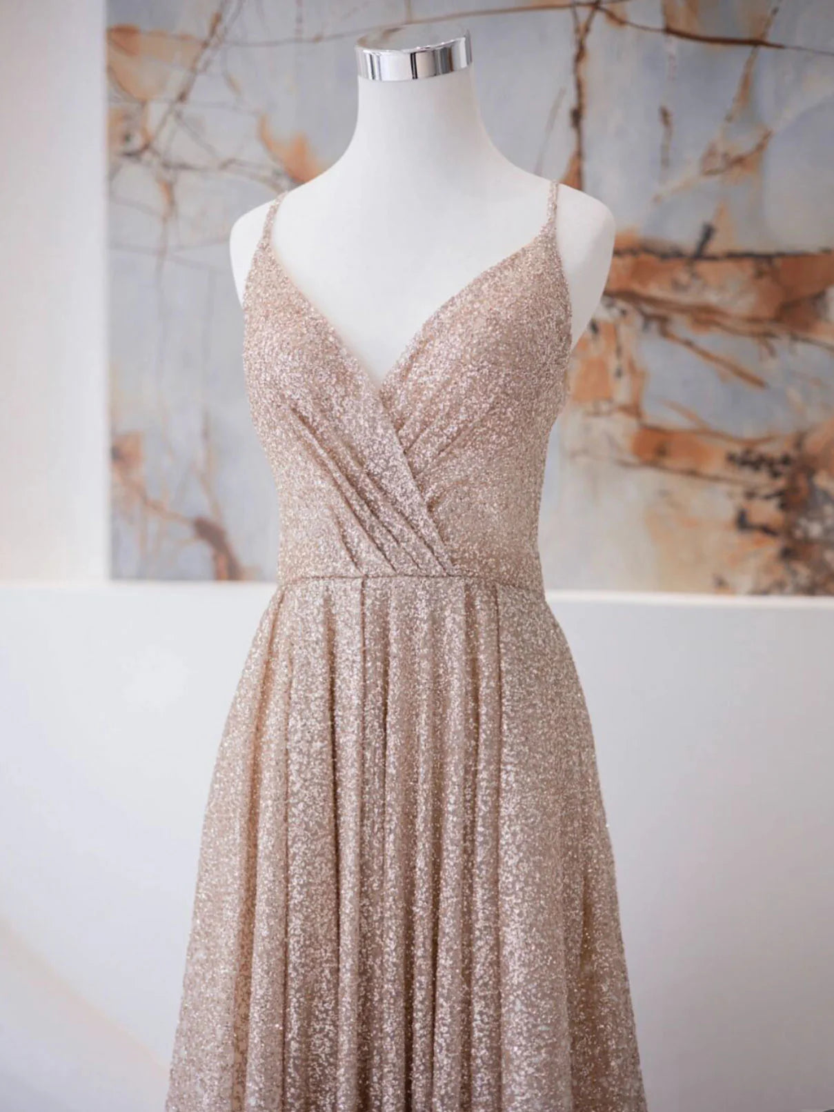 V Neck Champagne Long Prom Dresses Shiny Tulle Champagne Evening Dress
