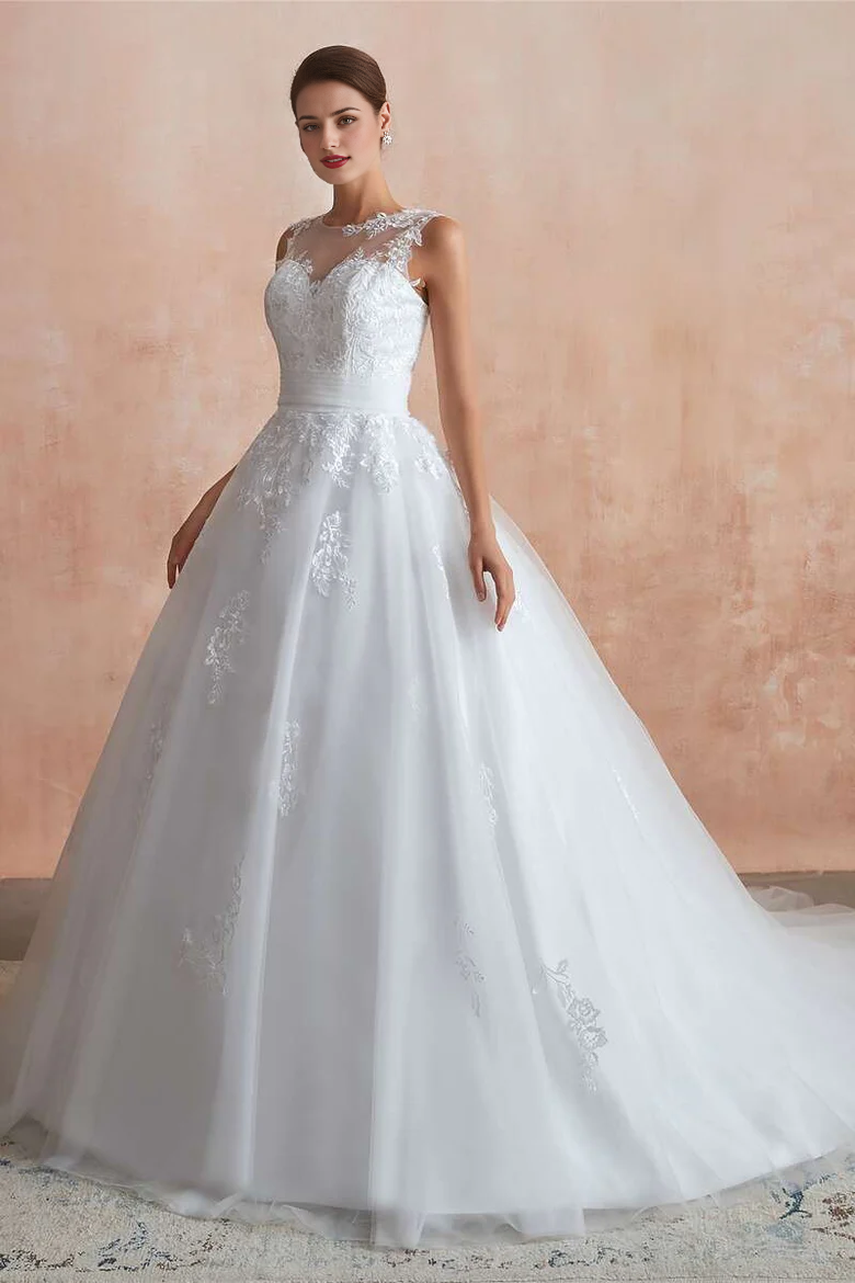 Ball Gown Appliqués Wedding Dress with Sheer Back