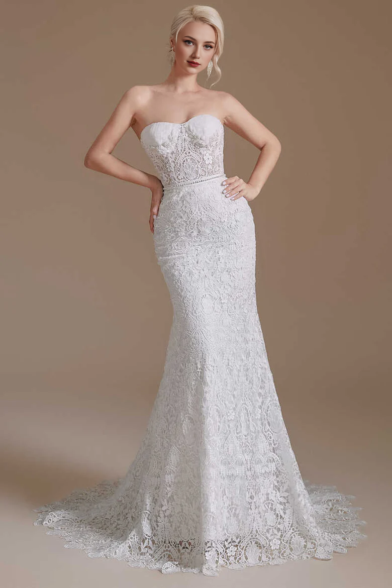 White Lace Bustier Lace-Up Mermaid Wedding Dress