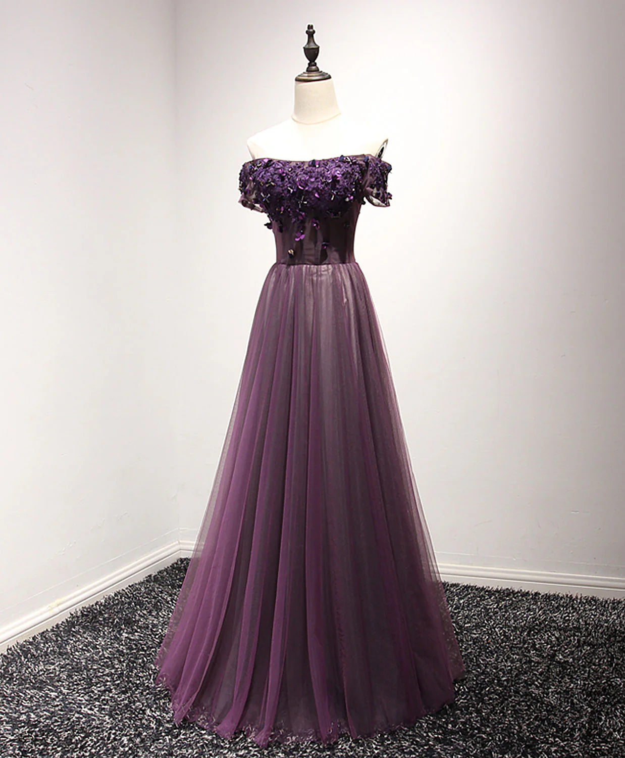 Tulle Lace Off Shoulder Long Prom Dress Purple Evening Dress