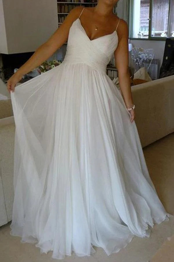 White A-line Chiffon Simple V-neck Spaghetti Straps Court Train Wedding Dresses