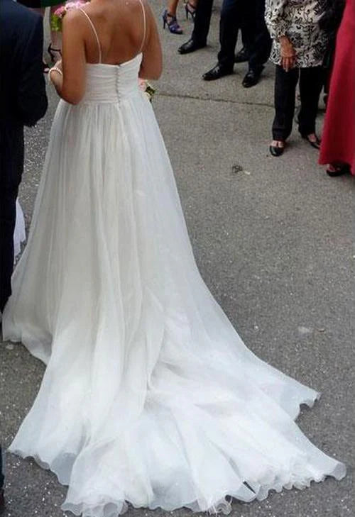 White A-line Chiffon Simple V-neck Spaghetti Straps Court Train Wedding Dresses
