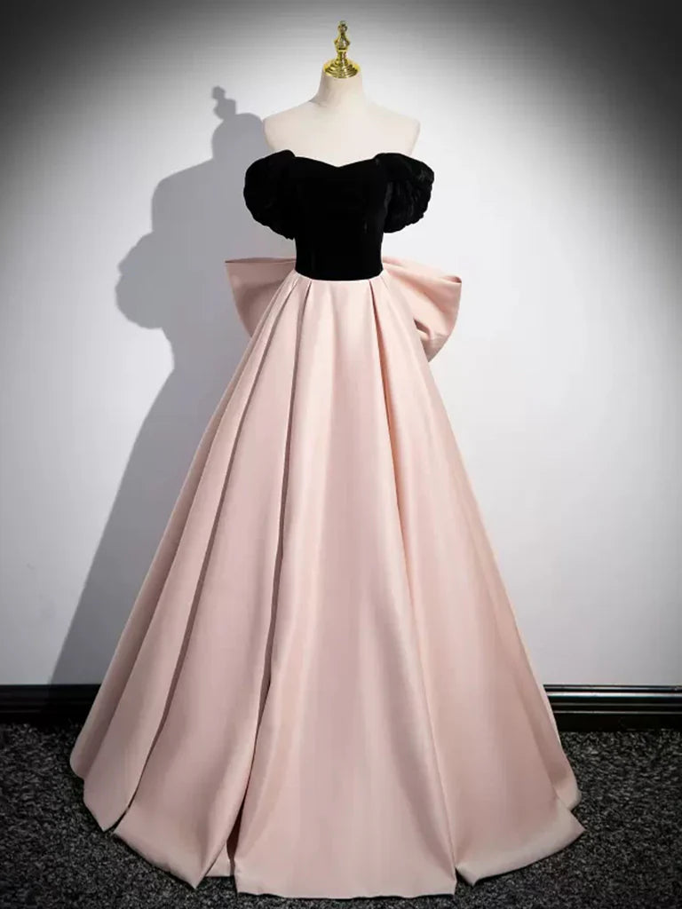 A-Line Off Shoulder Satin Champagne Long Prom Dress