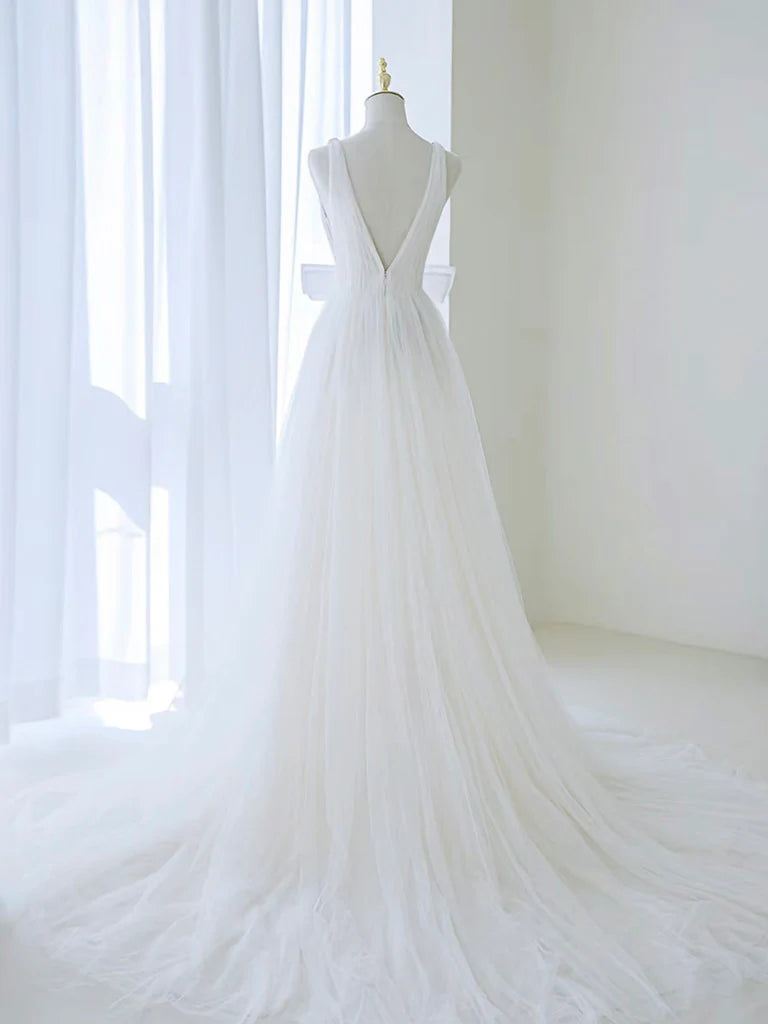 Simplicity A-Line V Neck White Tulle Long Wedding Dress with Bow