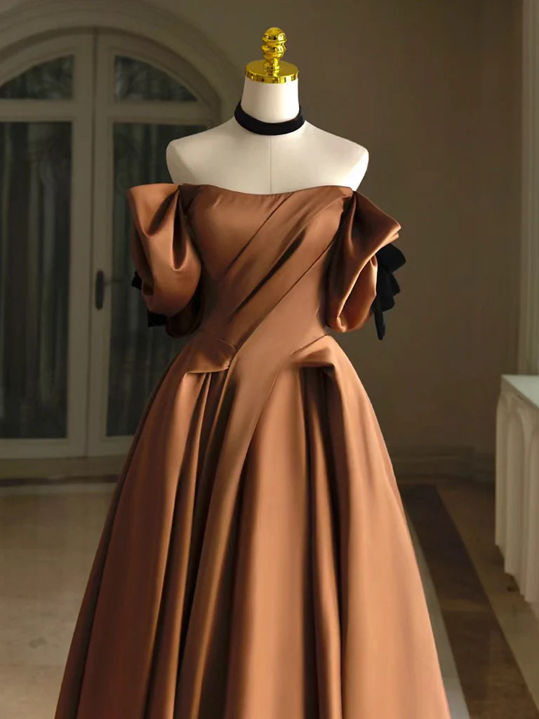 A-Line Satin Brown Long Prom Dress Brown Long Formal Dress