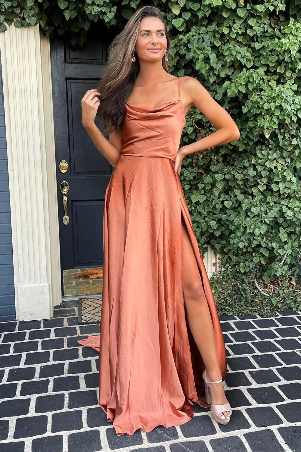 A Line Spaghetti Straps Blush Long Prom Dress with