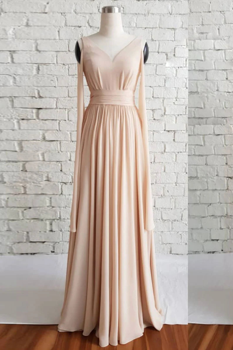 Simple v neck chiffon long prom dress