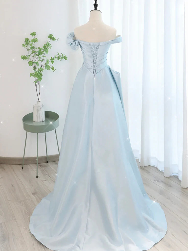 A-Line Off Shoulder Satin Tulle Blue Long Prom Dress