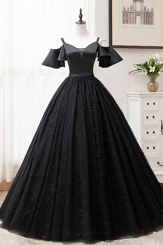 Black tulle lace long prom dress black lace evening dress