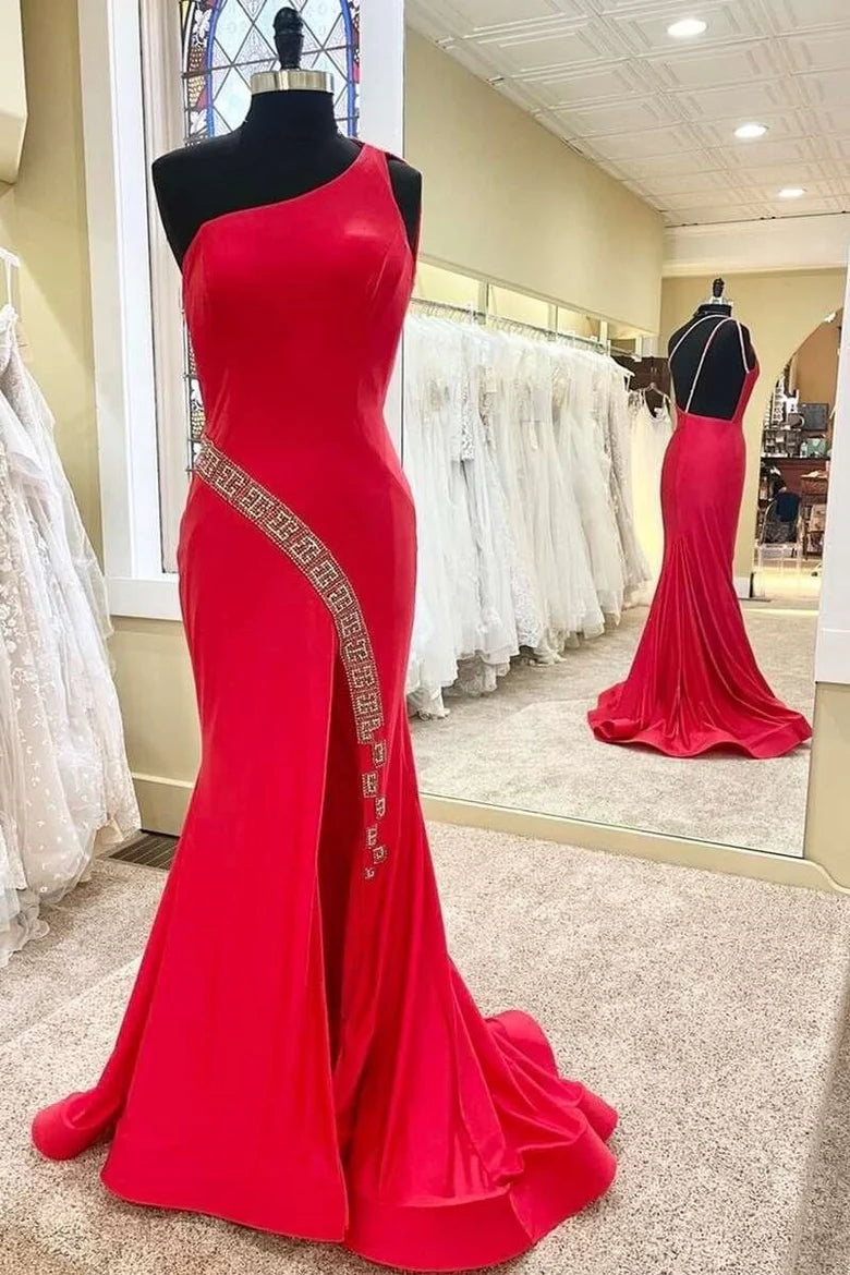 Satin Beaded One-Shoulder Backless Long Formal Dress