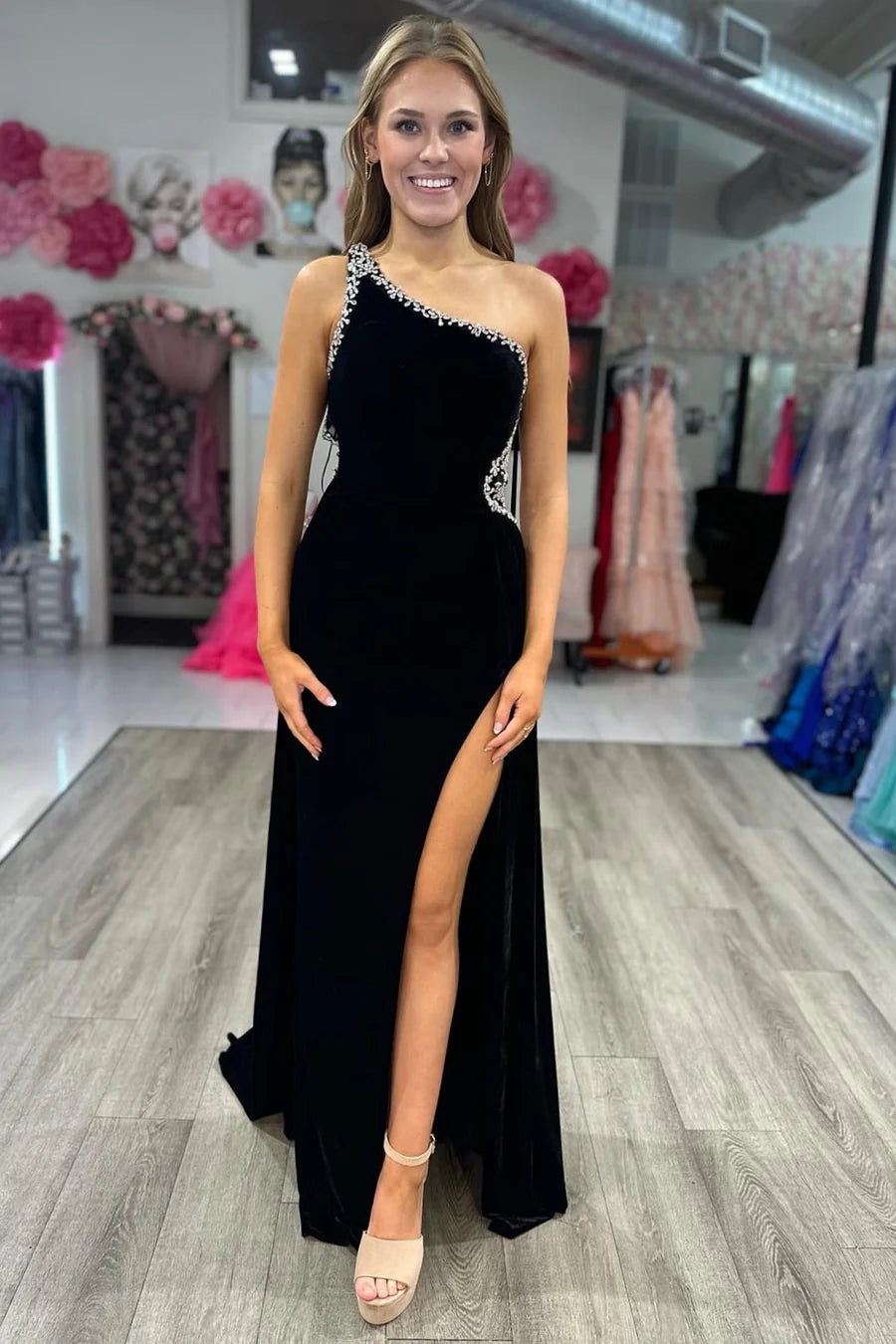 Velvet One-Shoulder Beaded Long Formal Dress