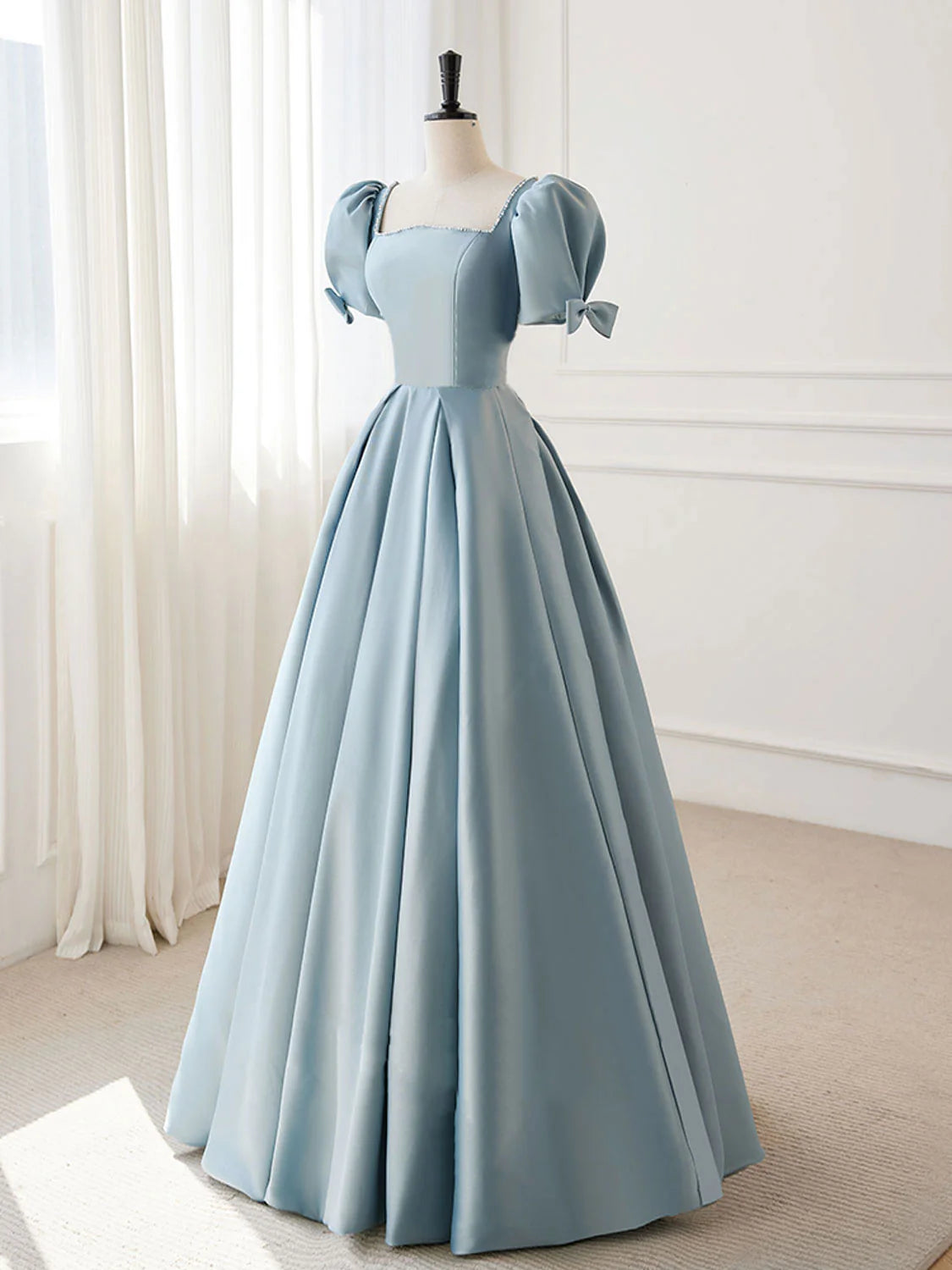 A-Line Blue Satin Puffy Sleeve Long Prom Dress