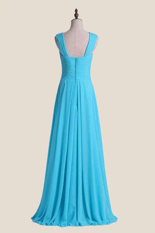 Cross V Neck Blue Chiffon Long Bridesmaid Dress