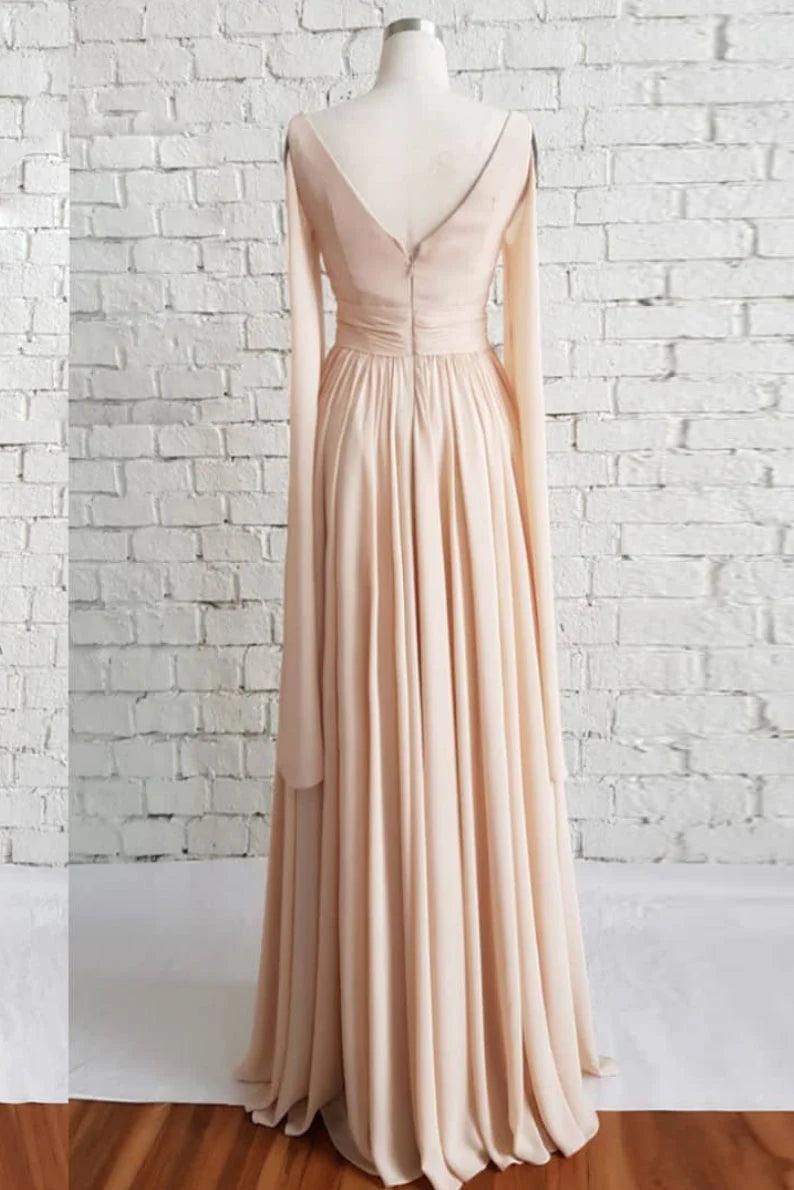 Simple v neck chiffon long prom dress