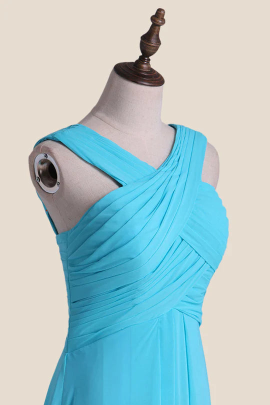 Cross V Neck Blue Chiffon Long Bridesmaid Dress