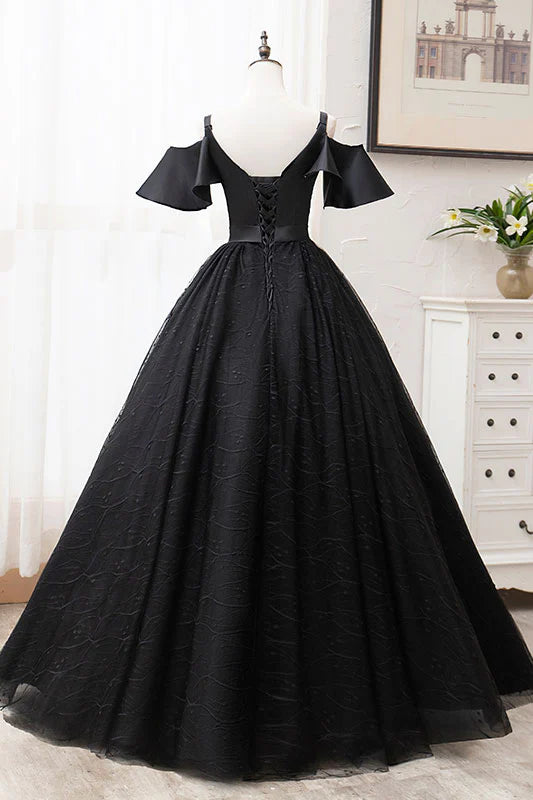 Black tulle lace long prom dress black lace evening dress