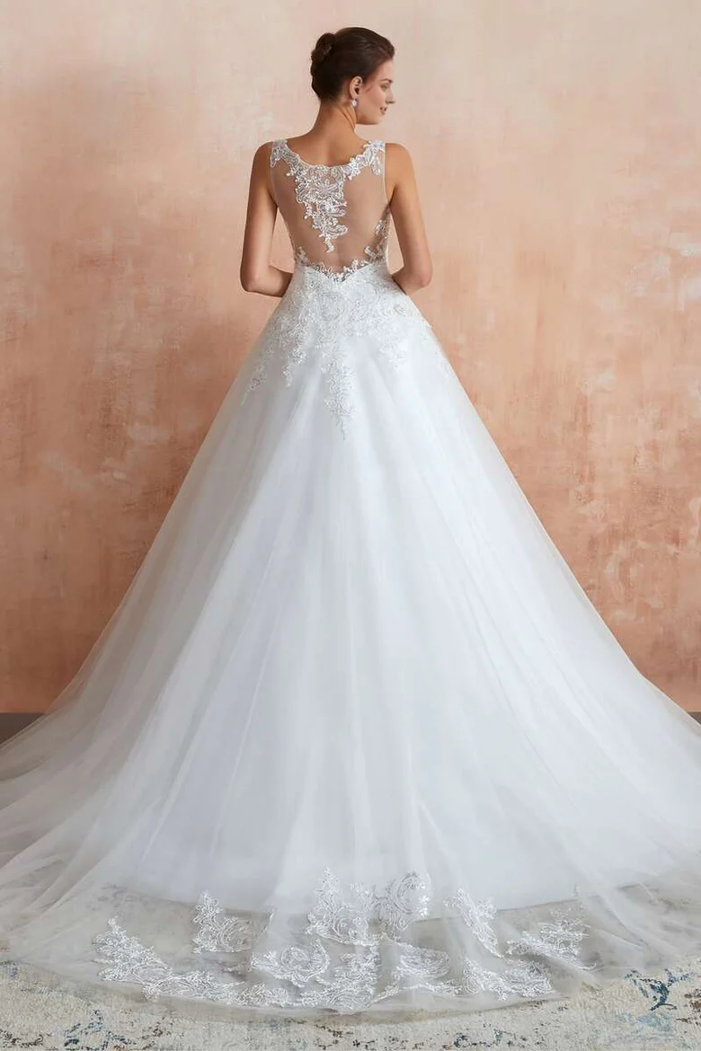 Lace A-Line V-Neck Wedding Dress with Sheer Back
