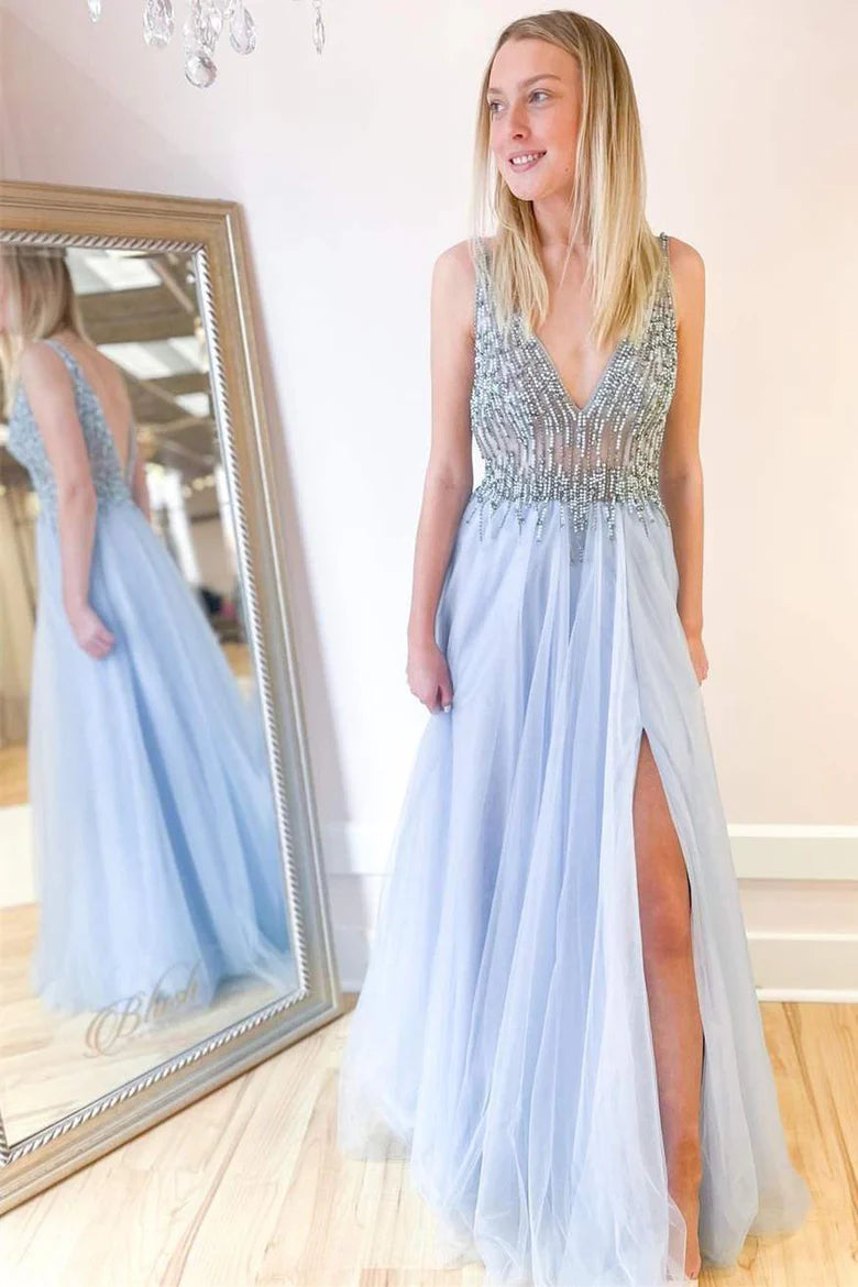 Beaded V-Neck Backless A-Line Prom Dress
