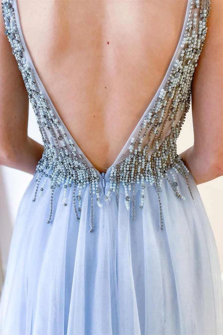 Beaded V-Neck Backless A-Line Prom Dress