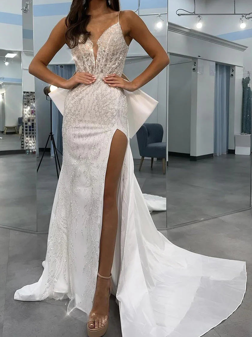 Sheath/Column Spaghetti Straps V-Neck Wedding Dress With Sequins & Split Side