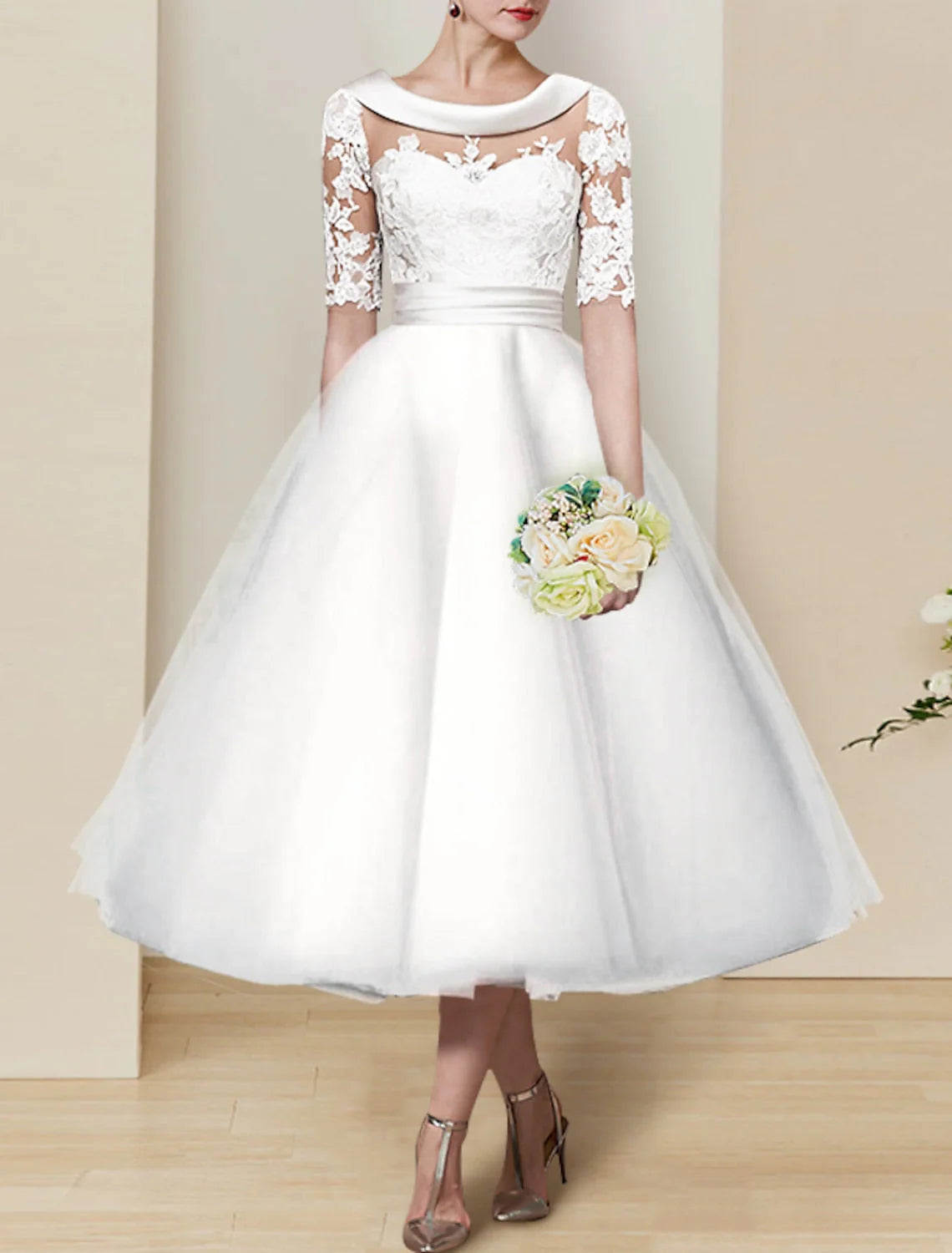 Ball Gown Scoop Tea-Length Lace Wedding Dress