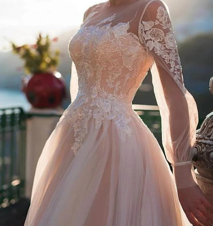 A-Line/Princess Illusion Neck Beach Wedding Dress With Embroidery Appliques