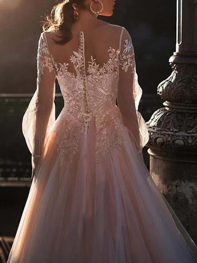 A-Line/Princess Illusion Neck Beach Wedding Dress With Embroidery Appliques