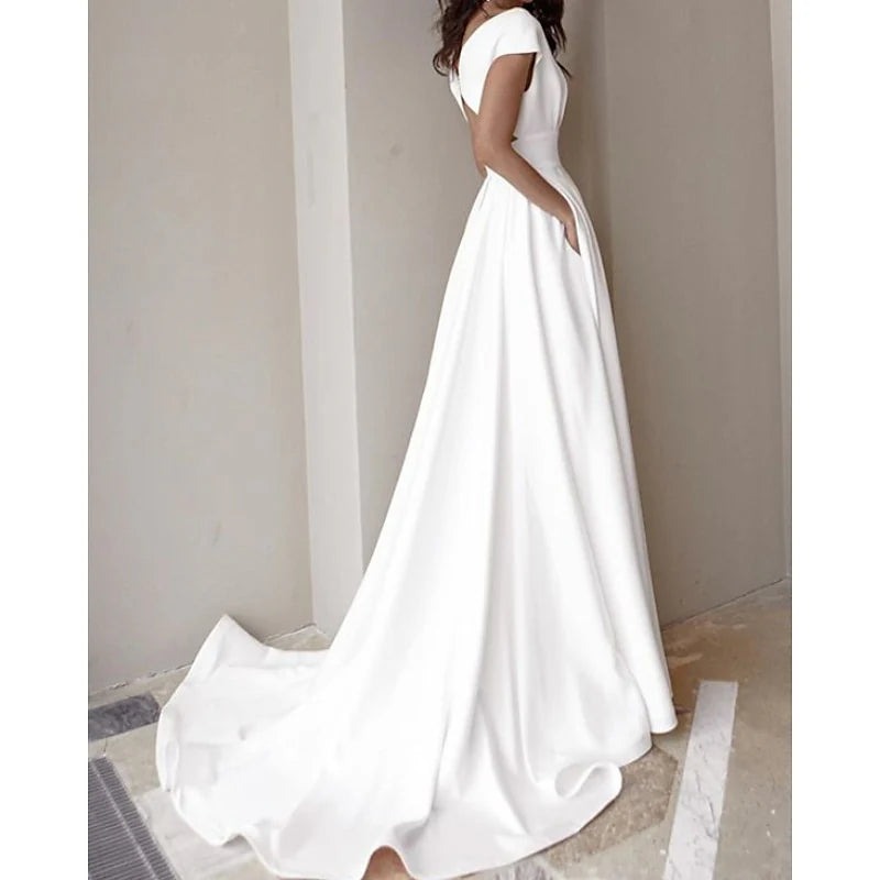 A Line/Princess V-Neck Cap Sleeve Wedding Dresses Sweep / Brush Train With Split Front