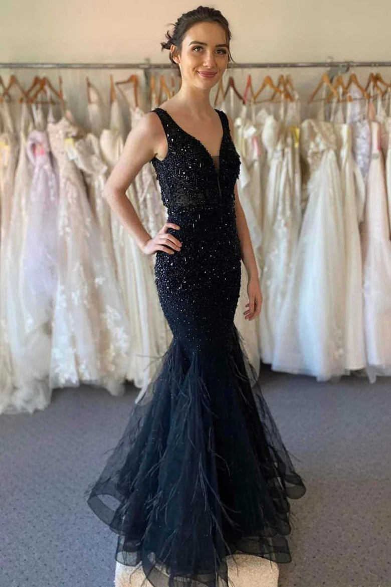 V-Neck Backless Rhinestone Trumpet Long Formal Dress