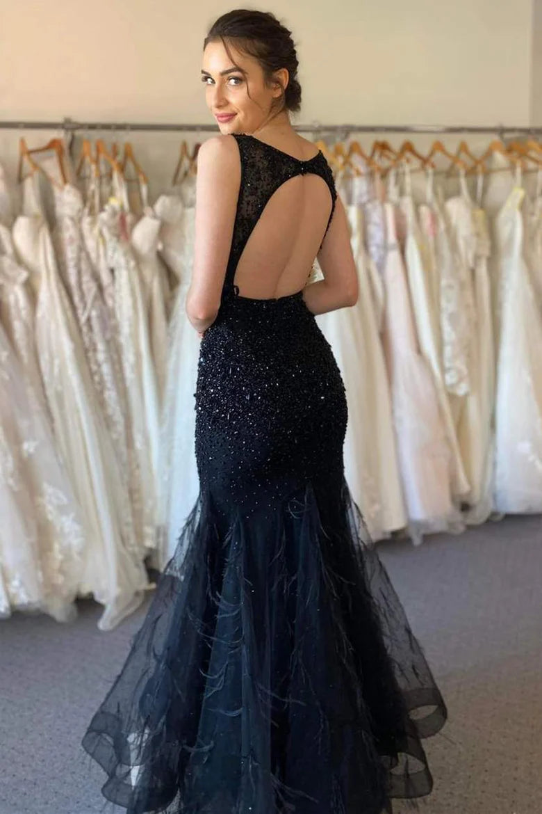 V-Neck Backless Rhinestone Trumpet Long Formal Dress