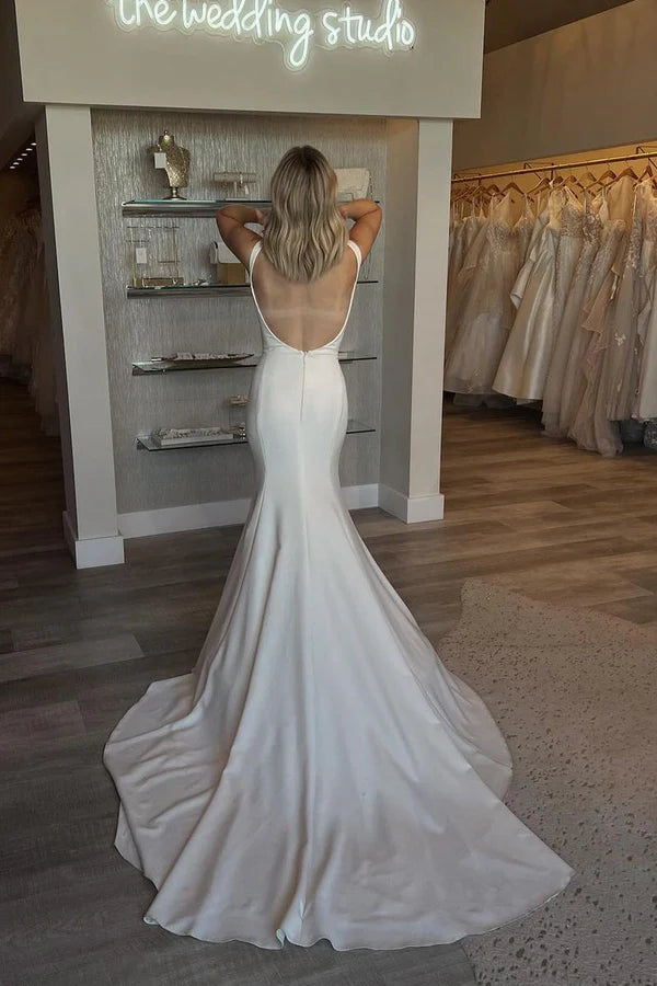 Mermaid Scoop Neck Backless Satin Wedding Dresses