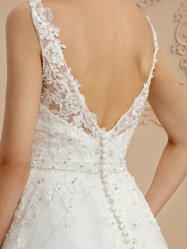 DingjiBall Gown Wedding Dresses V Neck Court Train Tulle Beaded Lace Lace Over Tulle Spaghetti Strap Glamorous Illusion Detail Backless with Beading Appliques