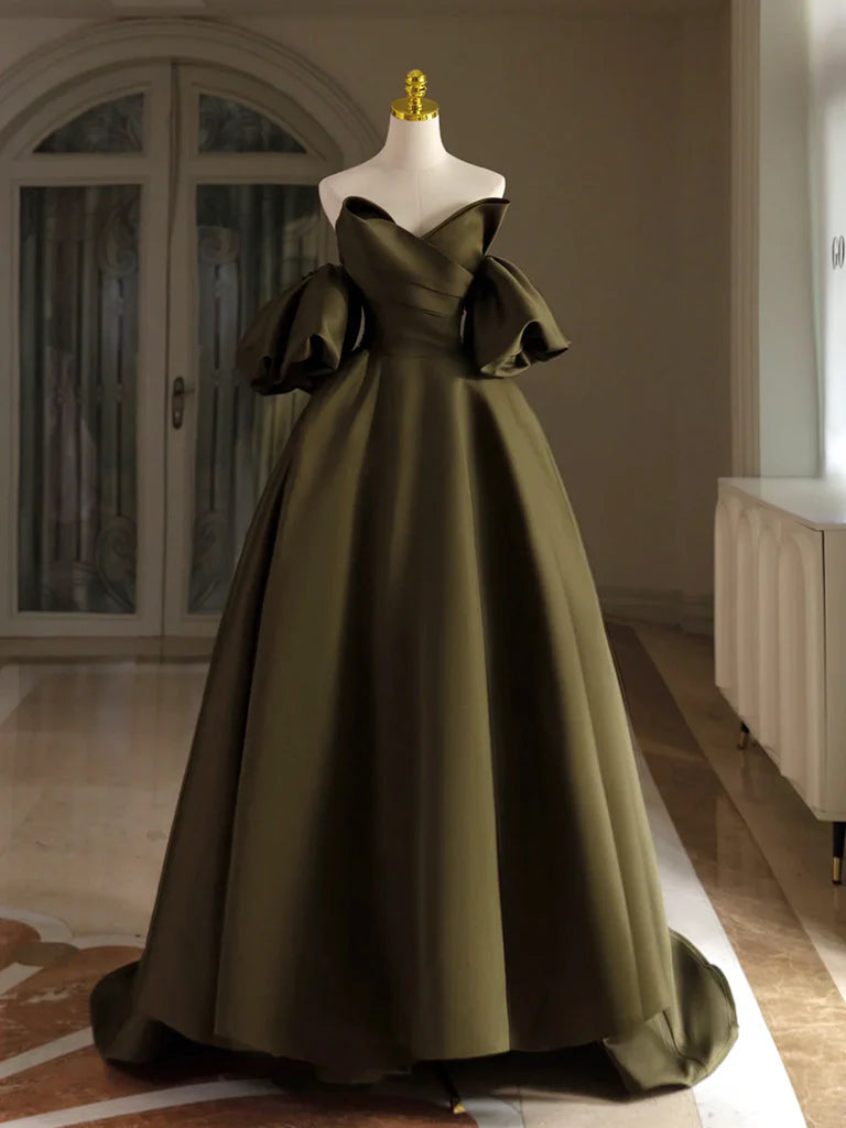 A-Line Puff Sleeves Olive Green Satin Long Prom Dress