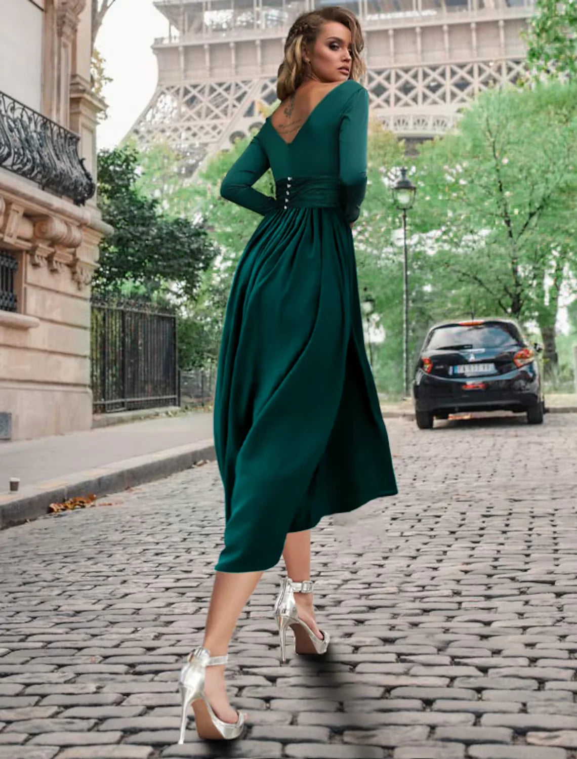 DingjiA-Line Cocktail Dresses Empire Dress Formal Tea Length Long Sleeve Cowl Neck Stretch Chiffon with Buttons Pleats